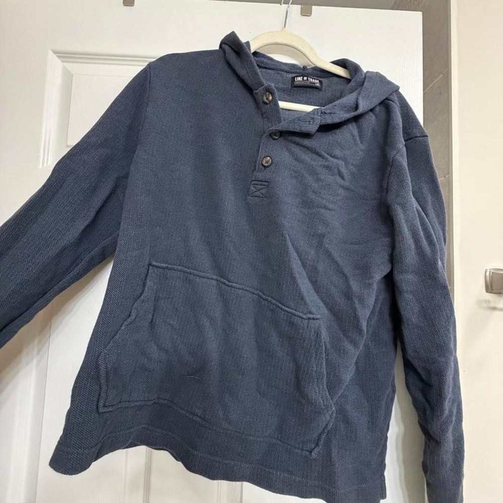 Line of Trade Navy Blue Hooded Henley Long Sleeve Shirt Pockets L